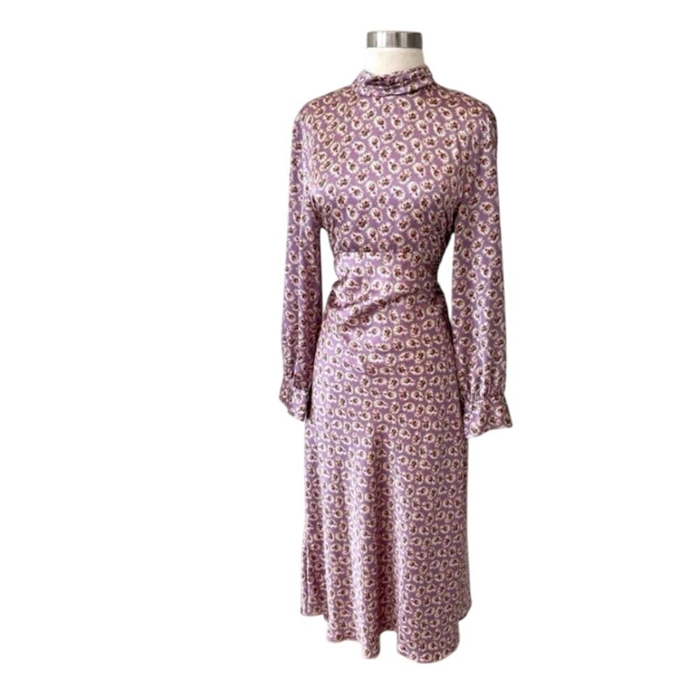 Zara Size M Floral Print Silky Satin Midi Dress Purple With Ruching Long Sleeve - Picture 3 of 12